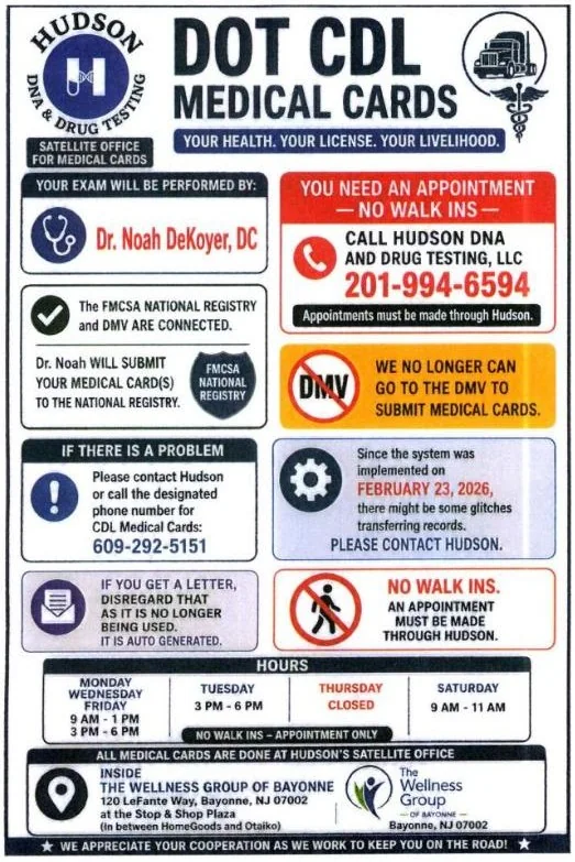 Hudson DNA and Drug Testing flyer: DOT CDL medical cards, exam performed by Dr. Noah DeKoyer, DC; appointments through Hudson at 201-994-6594, no walk-ins; hours Monday, Wednesday and Friday 9 to 1 and 3 to 6, Tuesday 3 to 6, Thursday closed, Saturday 9 to 11; inside The Wellness Group of Bayonne, 120 LeFante Way
